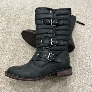 UGG Australia Women's Sz 5 Tatum Black Leather  Buckle Moto Riding Boots 1001833